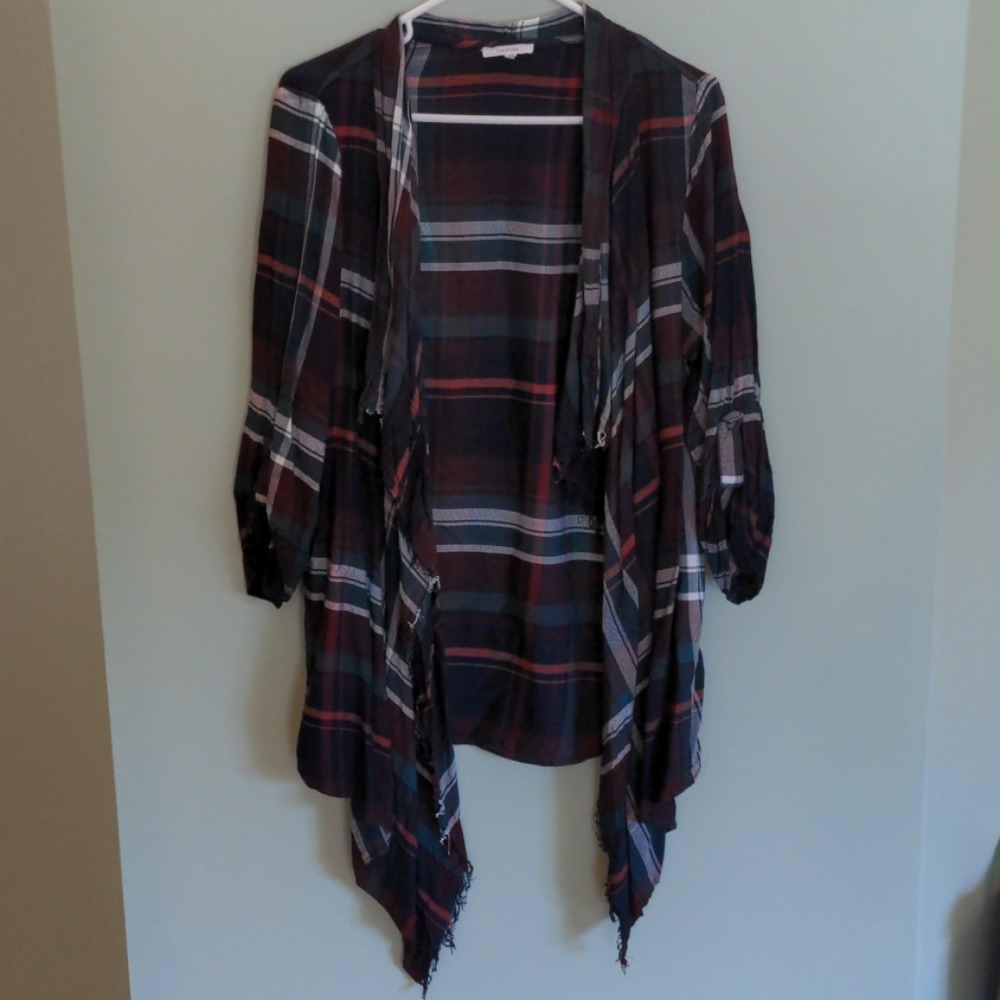 Teal & Maroon Plaid Open Front Drape Cardigan